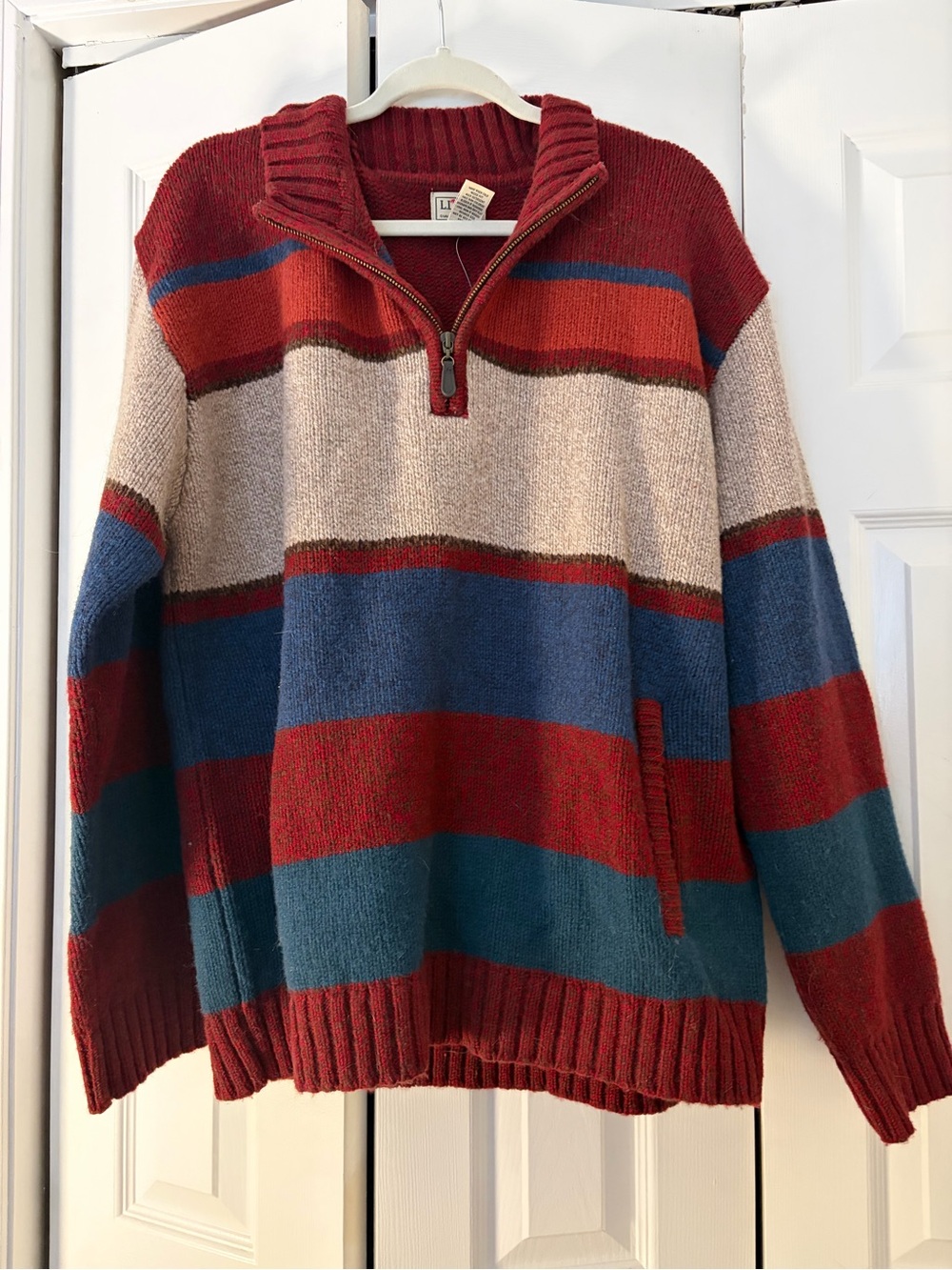 LL Bean 100% Lambswool Quarter-Zip Striped Knit Pullover Sweater [Large]
